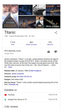 Rich card for the movie 'Titanic'